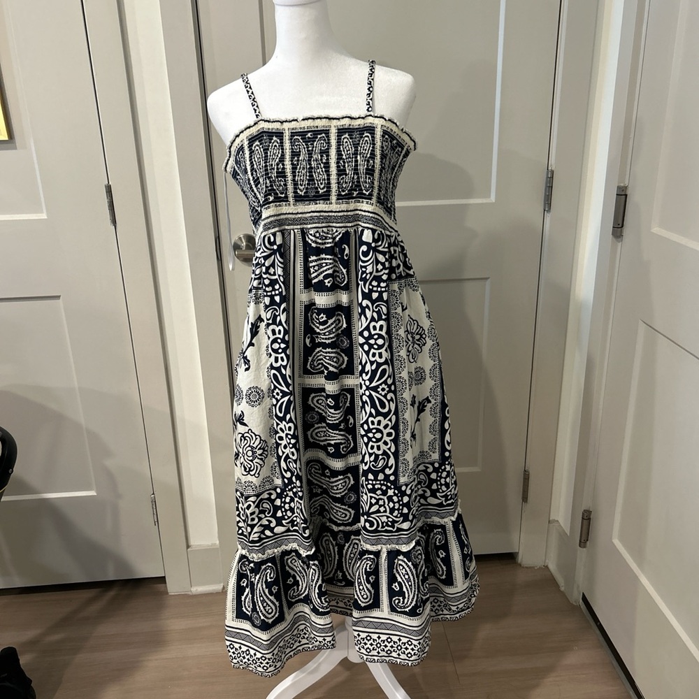 Navy Blue and White Patterned Midi Dress